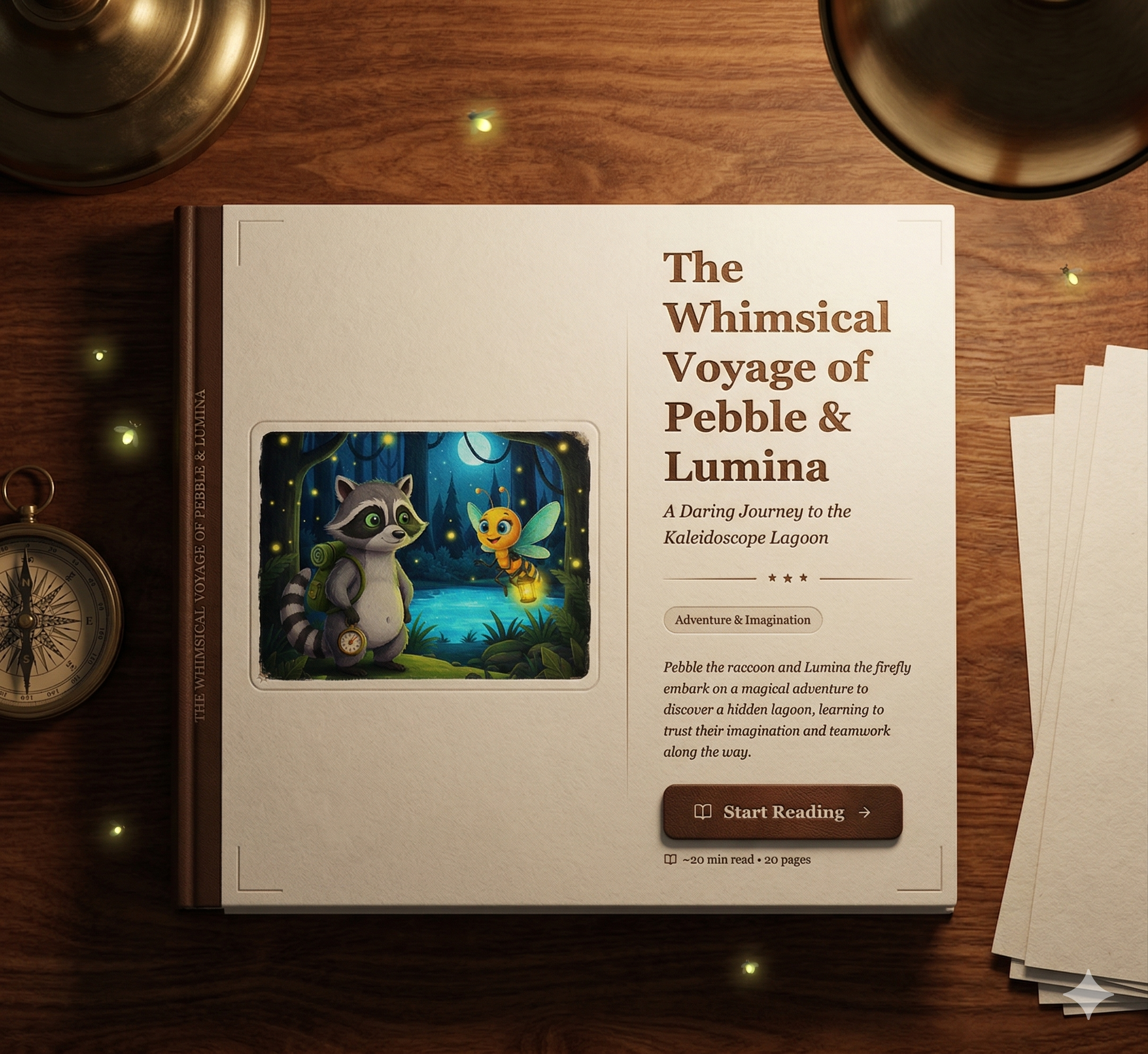 Wistale storybook — The Whimsical Voyage of Pebble & Lumina on a desk