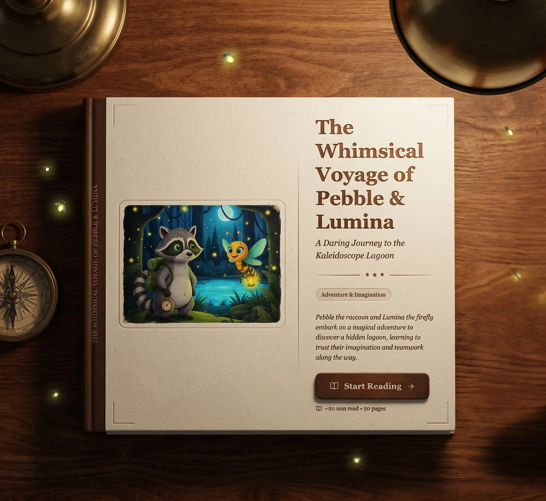 Wistale storybook — The Whimsical Voyage of Pebble & Lumina on a desk